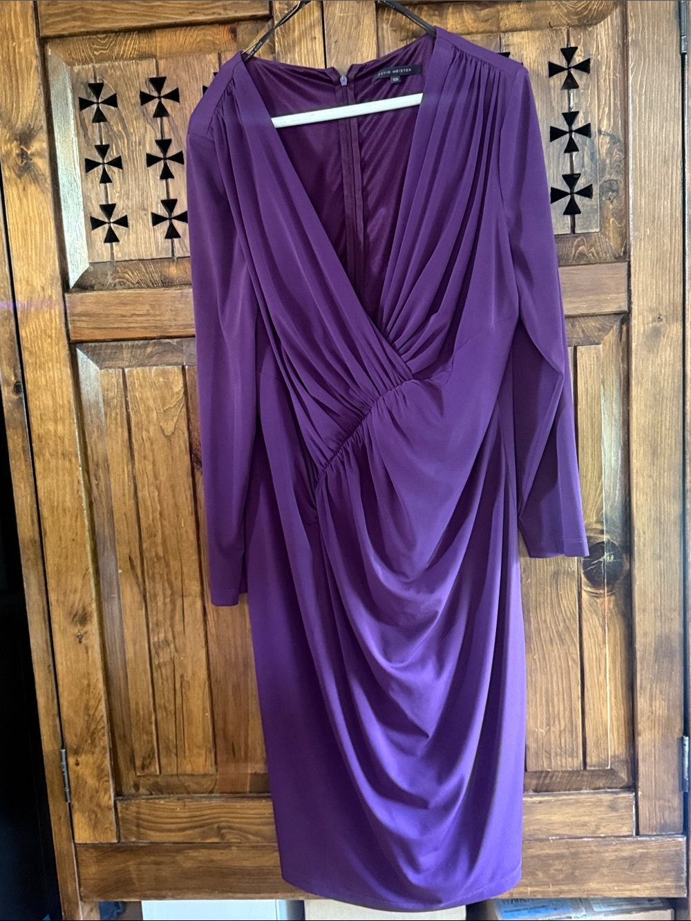 David Meister Purple Draped Long-Sleeve V-Neck Wrap-Style Dress